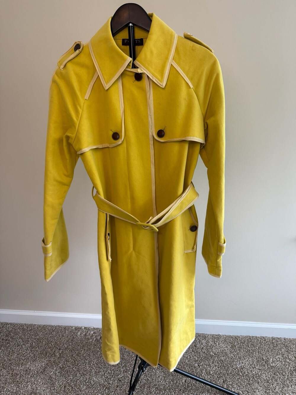 VINTAGE - Ports 1961 Yellow Contrast-Trim Belted Trench Coat